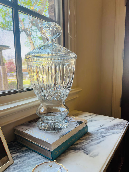 Large Vintage Cut Crystal Lidded Urn, Heavy Crystal Jar with Lid, Footed Candy Dish, Ralph Lauren Style Decor